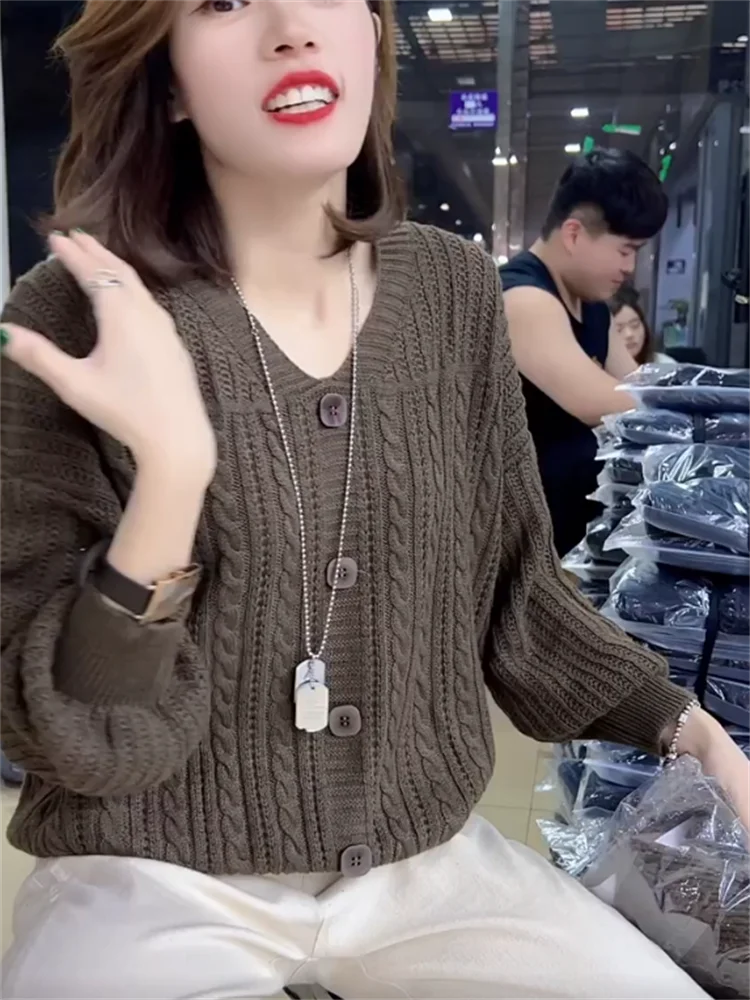 

Autumn Winter New Sle Heavy Work Knitted Sweater V Ne Button Women Casual Loose Top Premium Quali Long Sve Warmth