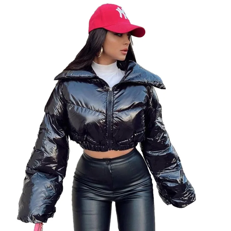 PU Leather Cropped Puffer Jackets Women Winter Warm Cute Shinny Bubble Flared Coats Outerwear Bright Parka Down Zipper Jackets