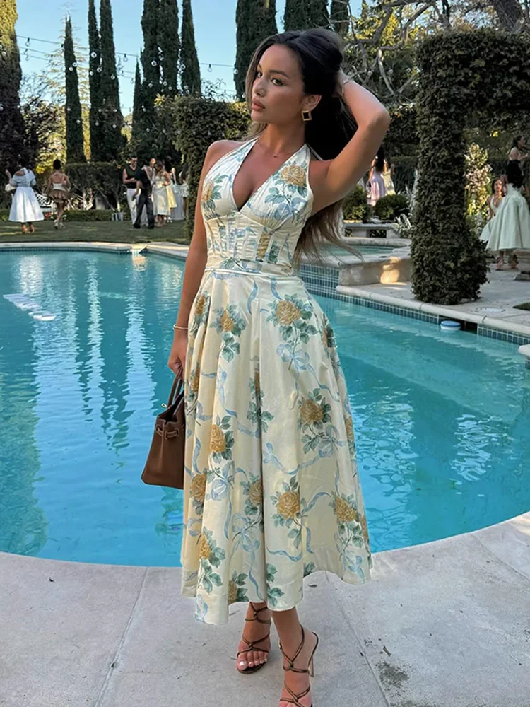 

Elegant Printed Halter Maxi Dress Women Deep V-neck Backless Ruffle High Waist Sleeveless A-line Robes Summer Lady Streetwear