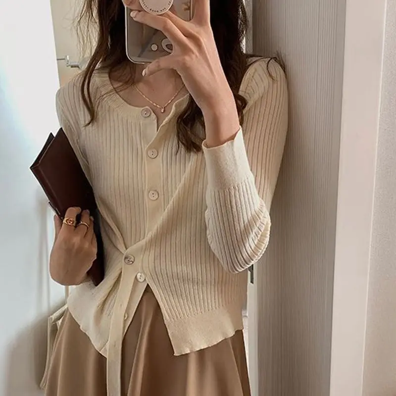 

Pure Desire Design Knitted Split Skirt Women's Fairy Gentle Small Irregular Thin Cardigan Spring Autumn Fashion Casual