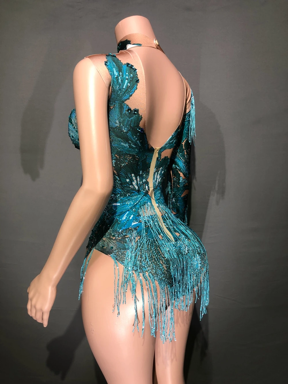 Sparkly Blue Rhinestones Fringes One Shoulder Bodysuit Women Dance Costume Sexy Skinny Leotard Singer Dancer Show Stage Wear