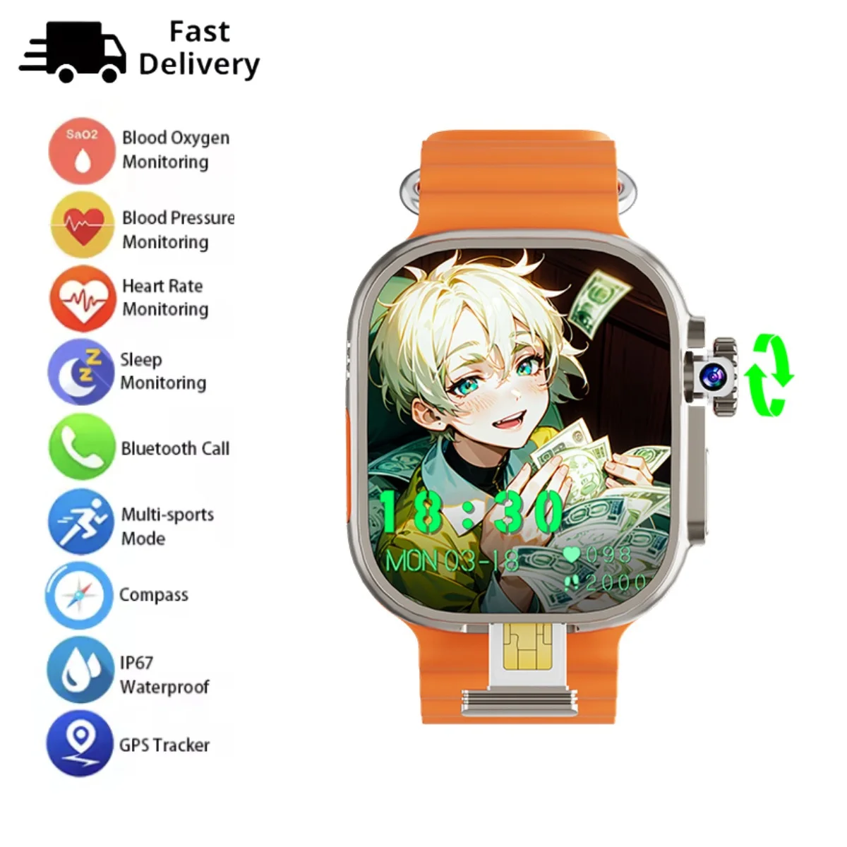 DW99 Smartwatch S9 Ultra SIM card 4G/5G Android 10.0 2.2-inch Amoled 8MP 180° Rotating Camera WIFI GPS NFC Google Play Store