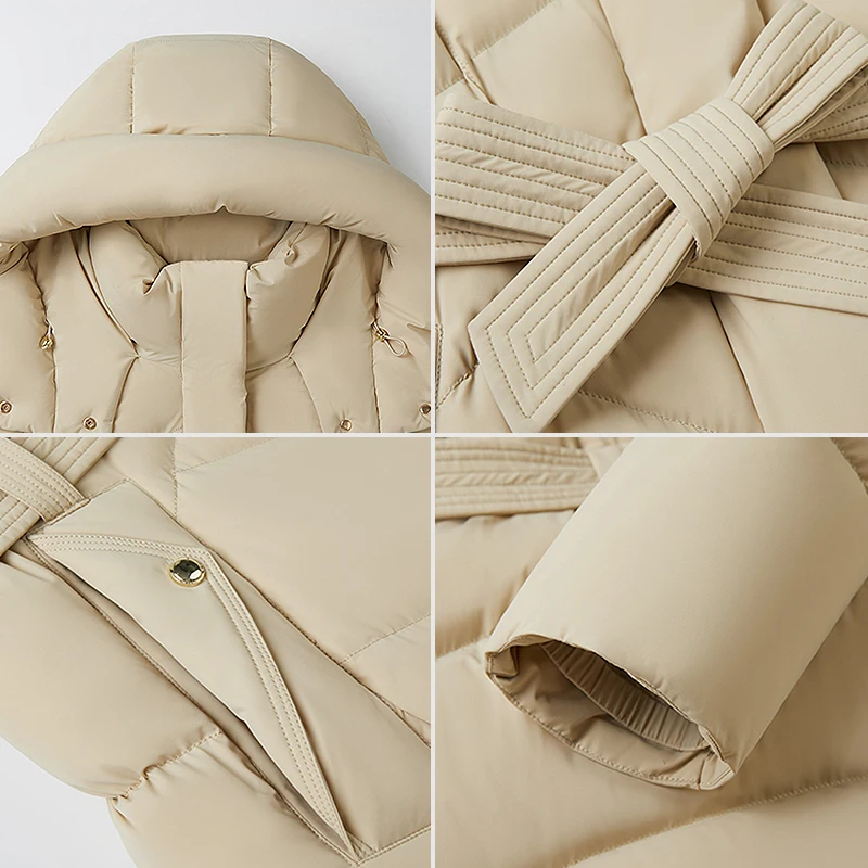 Chericom Chaqueta larga de plumas con cinturón en la cintura diseño acolchado estilo acolchado con capucha de invierno para mujer abrigos acolchados de ganso engrosados Y309738Y