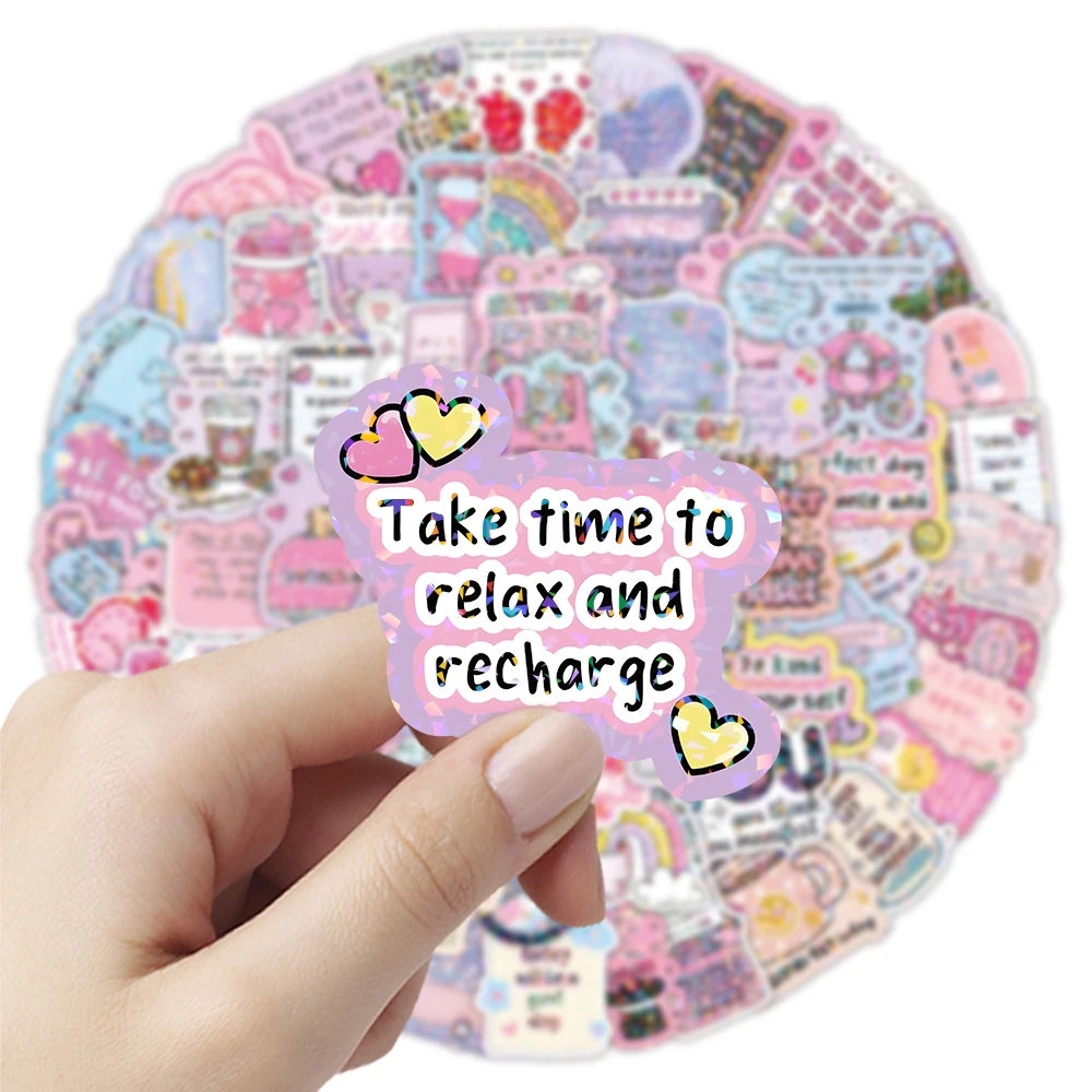 50/100PCS Cartoon Inspirational Text Sticker Shiny Film Aesthetic Decals Phone Laptop Helmet Car Decoration Waterproof Stickers