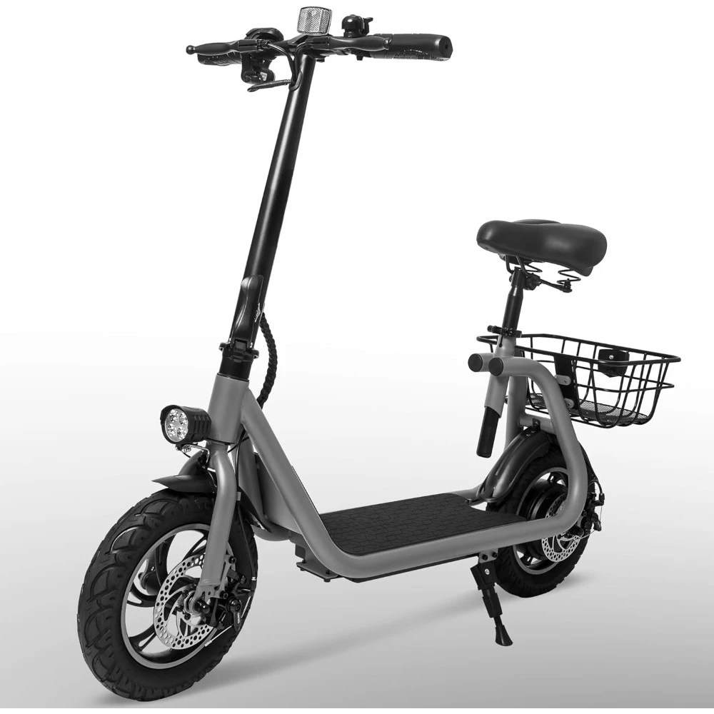 

Electric Scooter Foldable Scooter with Seat & Carry Basket E-Scooter with Brushless Motor 15MPH 265lbs Max Load E Mopeds