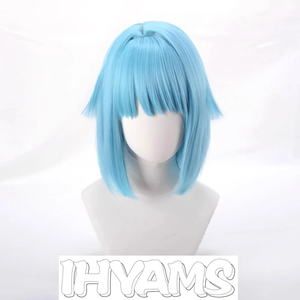 Peluca de Cosplay ES Shino Hajime, pelucas cortas de cuero cabelludo simulado azul hielo de 35cm, pelo sintético resistente al calor