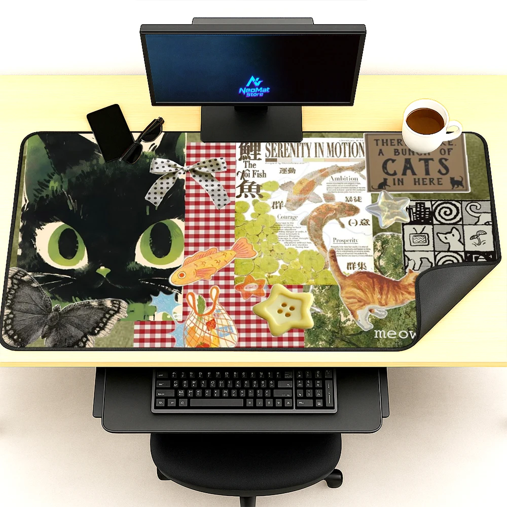 Vintage Collage Desk Pad Table Mat Black Cat Koi Mousemat Fish Floral Mousepad Giant 140x60 Cute Deskmat Gaming Mat Playmat