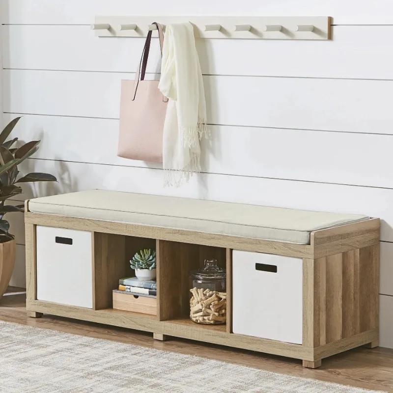 4-Cube Shoe Storage Bench, Weathered，Cube Storage，soft top cushion in neutral colored fabric