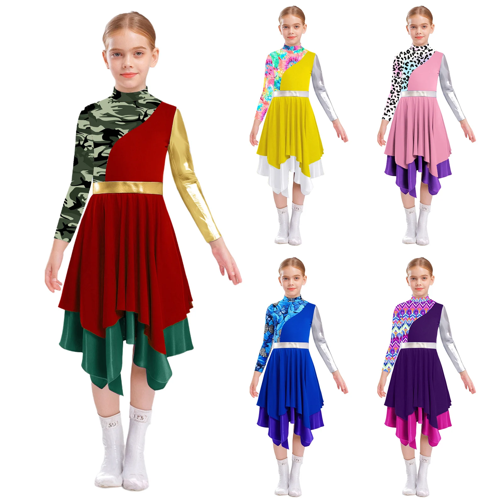 Kids Girls Modern Lyrical Dance Dress Church Choir Liturgical Worship Praise Costume Long Sleeve Print Metallic Color Block Gown - Image 3