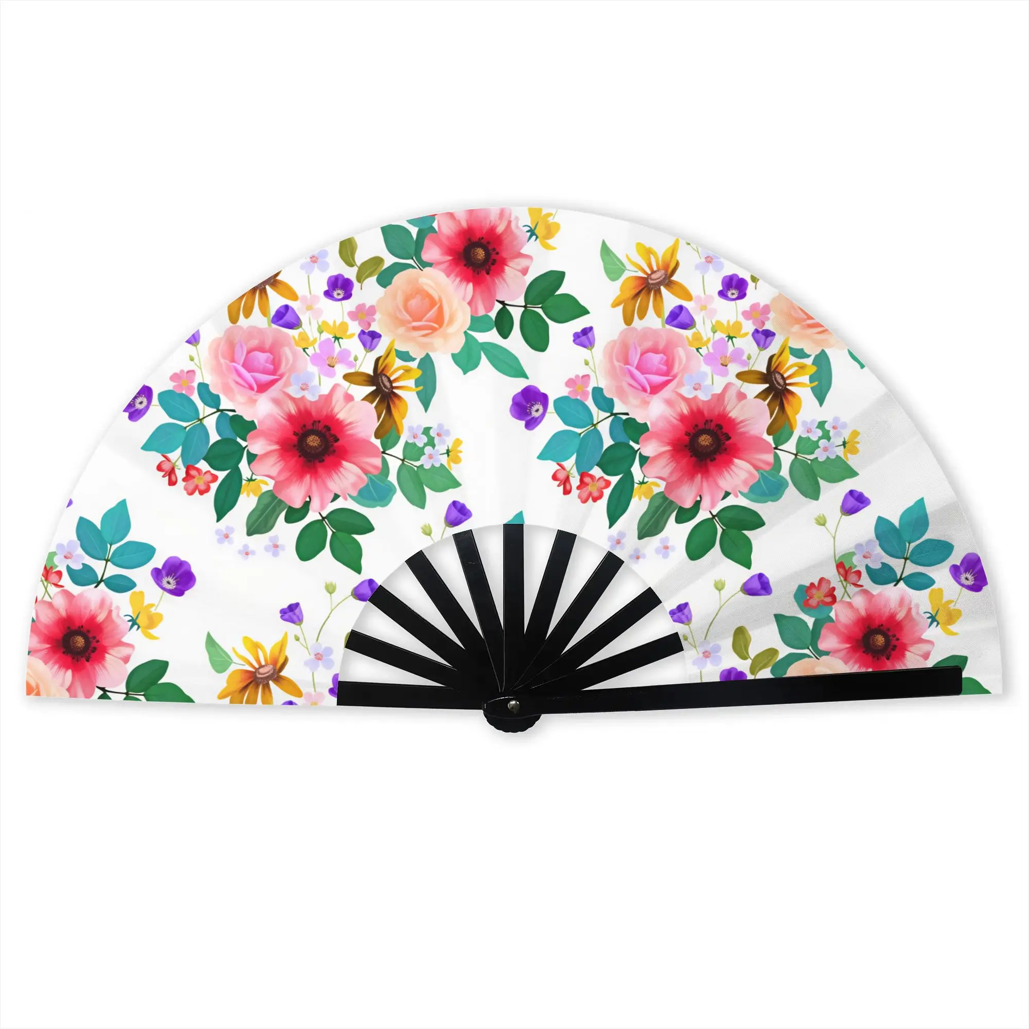 Beautiful Watercolor Flowers Folding Hand Fan Rose Cone Violet Blossoms Polyester Fabric Fan Summer Accessory Decorative Fans