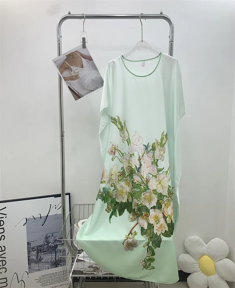 Summer New Women Casual Print Sleep Dress Silky Satin Nightgown Plus Size Dresses Women Chemise De Nuit Short Sleeve Home Dress 4