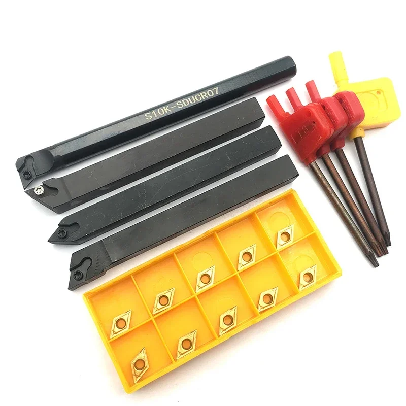 

4pcs 10mm Shank Lathe Turning Tool Holder Boring Bar Lathe Tools Metal Turning Rod With 10pcs DCMT070204 Carbide Inserts Wrench