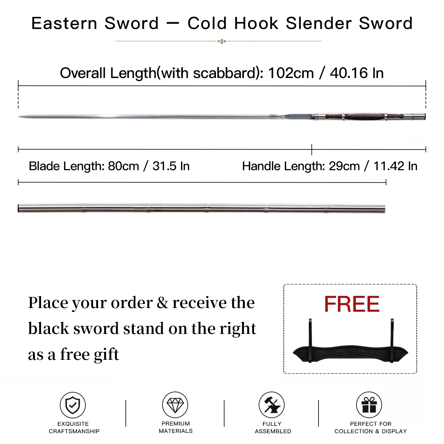 Cold Hook Slender Tang Sword Manganese Steel Blade Stainless Steel Scarbbard Martial  Sword Arts Collectible Decor Gift