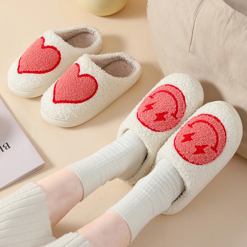 Lucyever Smile Embroidery Plush Slippers for Women Winter Couple Non Slip Home Cotton Shoes Woman Cozy Soft Sole Bedroom Slides