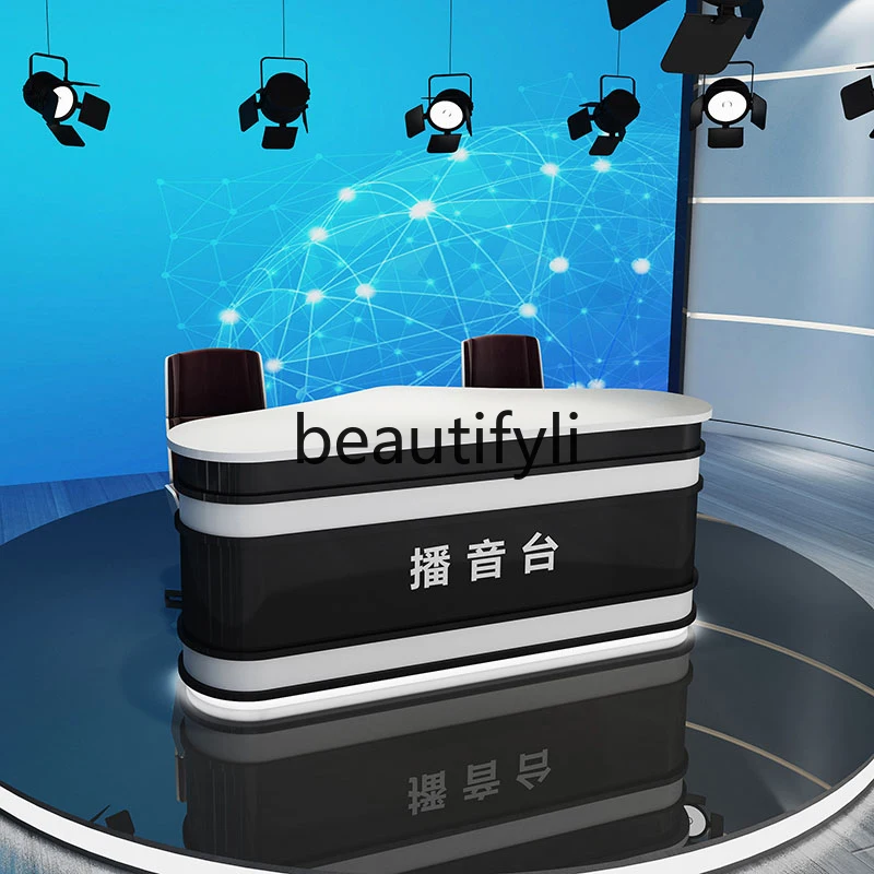 스튜디오 앵커 데스크 호스트 뉴스 TV 미디어 방송 테이블 발표 래커 마감 프런트 데스크