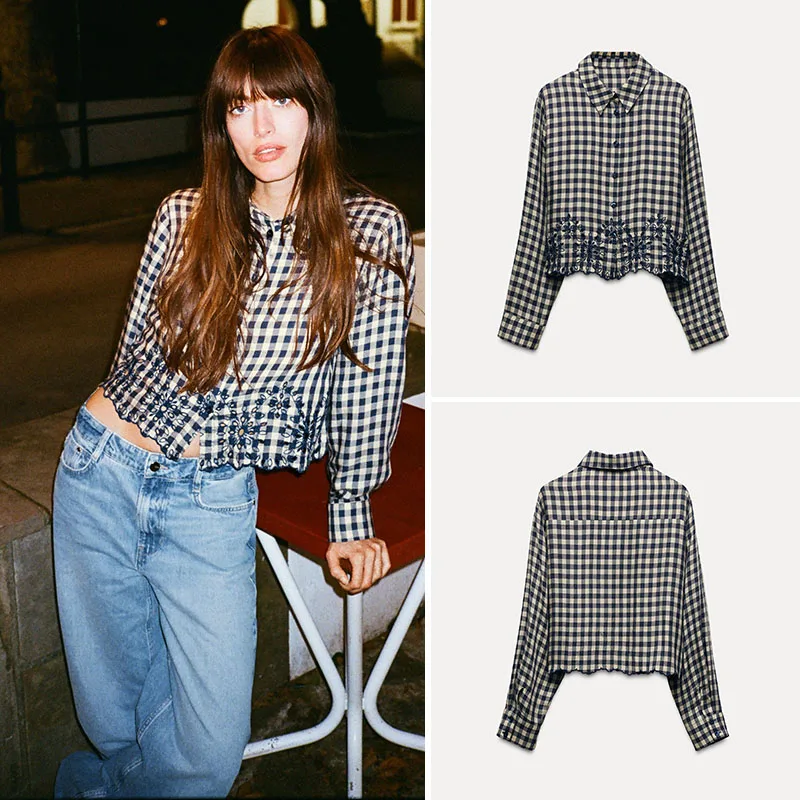 Spring New Arrival Women's Long Sve irt Embroidered Plaid Stand Collar Street Sle Regular Thin Chinese Made