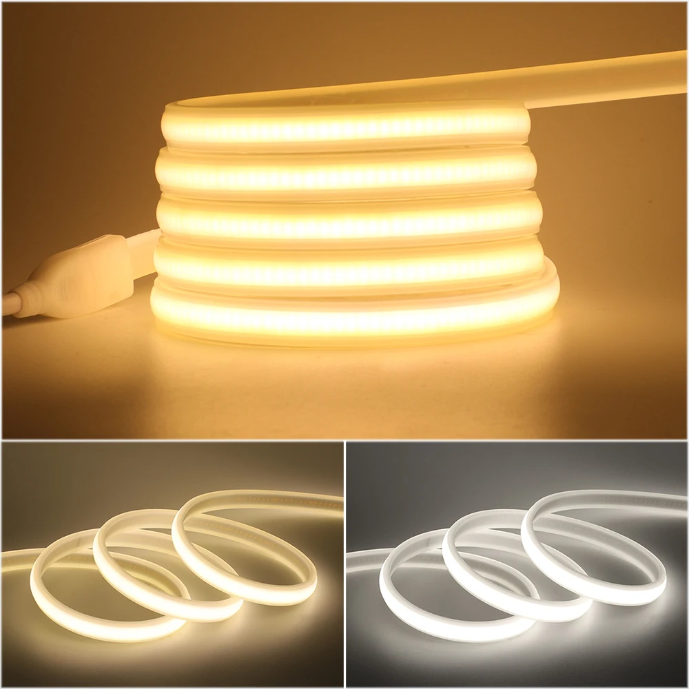 Imagem -04 - Impermeável Cob Neon Strip com Switch Plug Tubo de Silicone Corda de Fita Flexível Luz Led Decoração para Casa e Jardim 220v 288leds por m eu uk