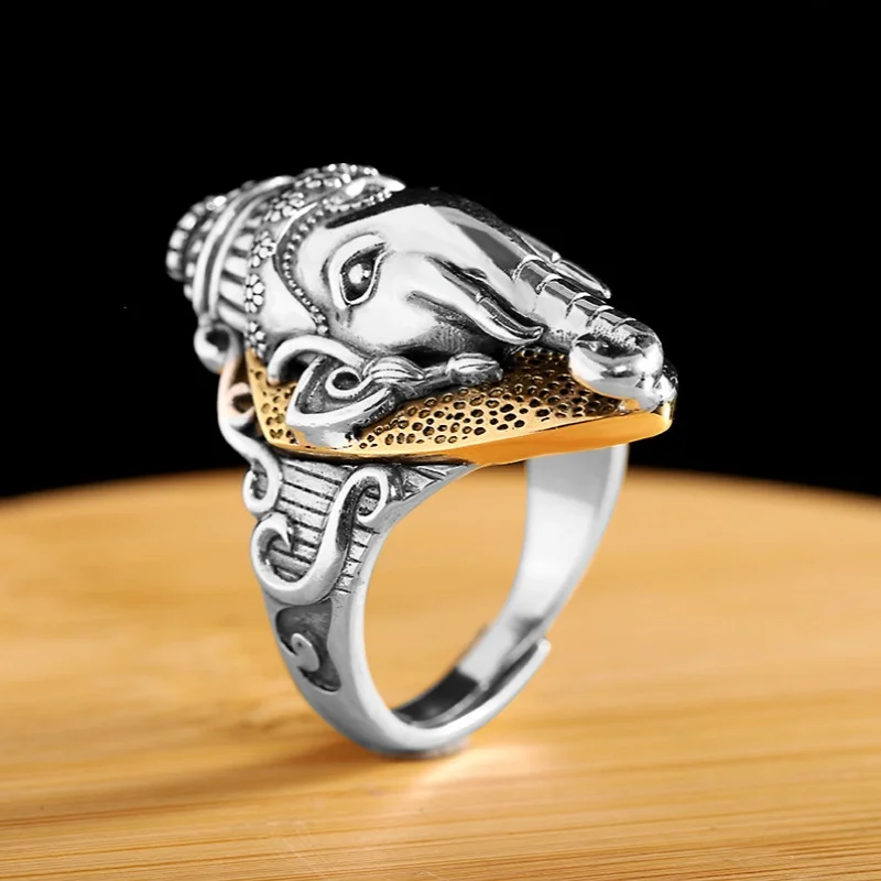 BOCAI S925 Sterling Silver Rings for Women Men New Fashion Relief Elephant-nosed Buddha Amulet Punk Jewelry