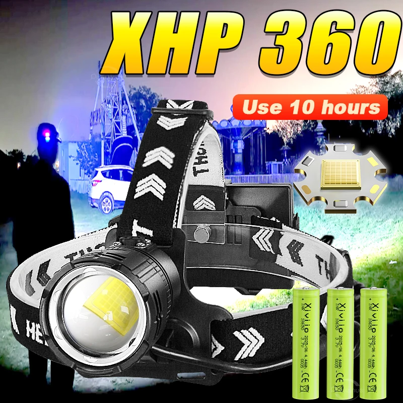 Newest XHP 360 LED Headlamp High Strong Power Type-C Rechargeable Long Shot 1000M Lights Fishing Camping Portable Head Lantern