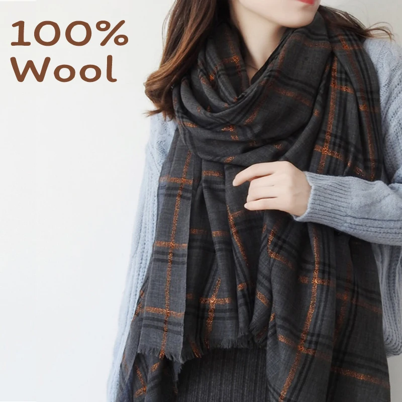 Luxury Golden Silk Plaid Wool Scarf Women Large Size Thin Warm All-Match Shawl Elegant Long Wraps Scarf for Fall Winter Outfits