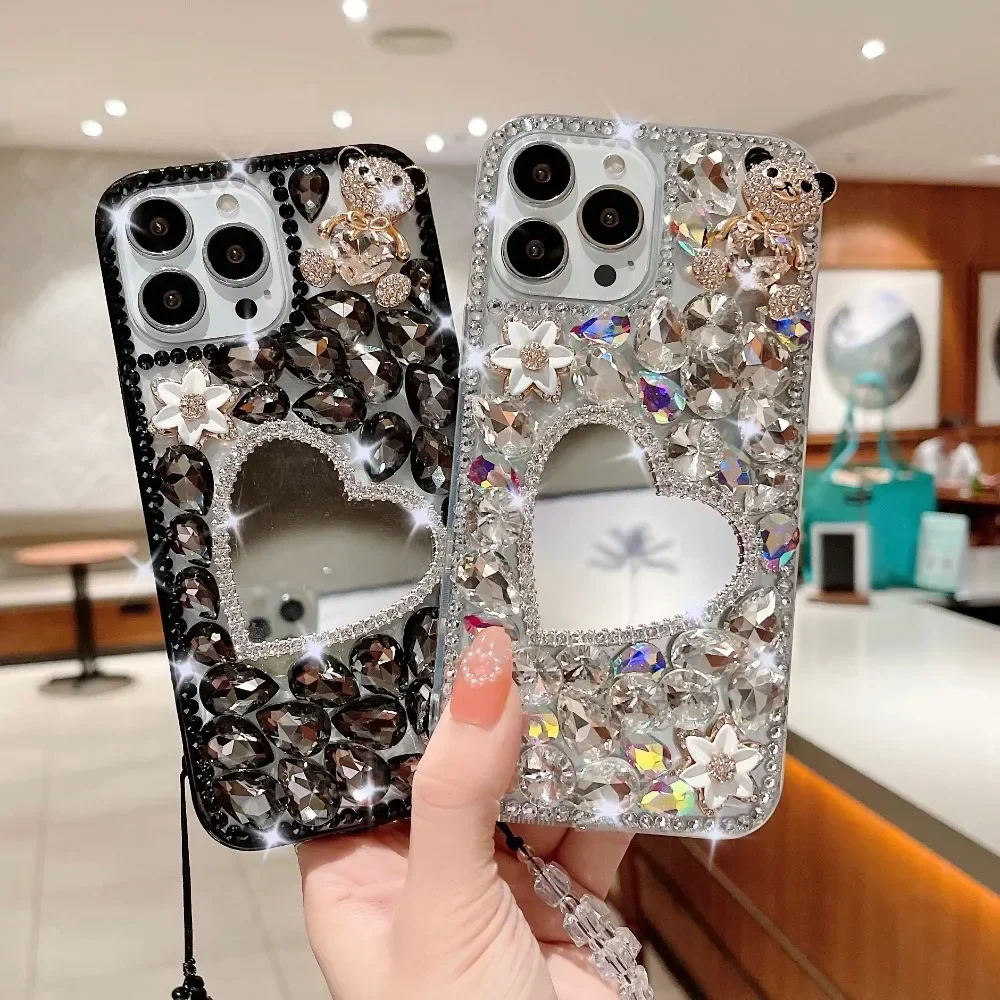 

Luxury Bling Diamond Bear Love Mirror Rhinestone Case with Jewelled Decoration for Xiaomi 13 14 POCO X3 X4 X5 F4 F5 PRO M4 M5 M6