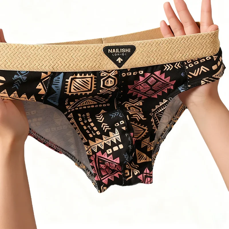 3Pcs Men's Cotton Briefs Retro Ethnic Style Print Underwear Soft Breathable Mid-Rise Briefs Comfortable Stretch Daily Panties