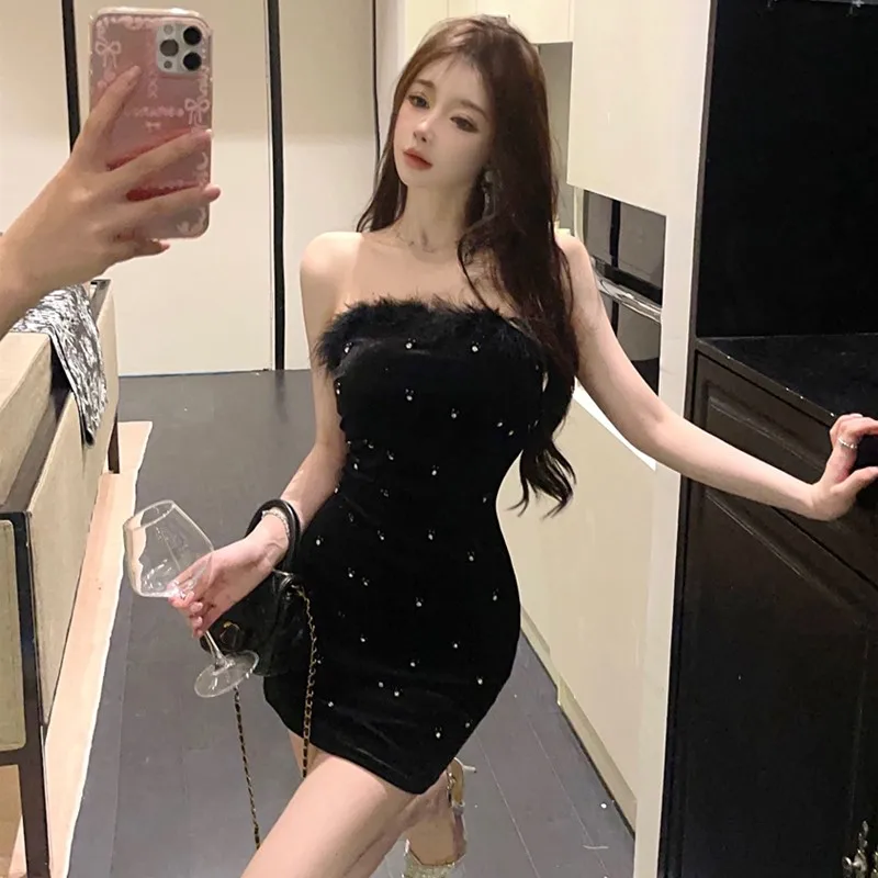 Women Korean Vintage Chic Prom Dress Summer Autumn Black Velvet Diamonds Luxury Short Dress 2025 Elegant Bodycon Festival Dress