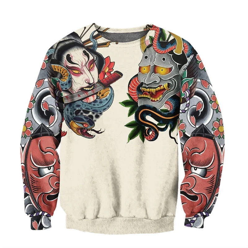 

Japanese Mythology Mask Printed Sweatshirt Men's Clothes Harajuku Street Pullover Top 3D Printed Mysterious Culture Sweatshirts
