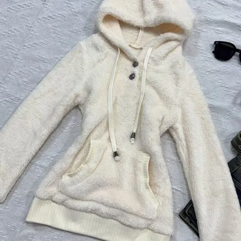 Moletom com Capuz de Fleece para Mulheres, Solto, Sólido, Manga Longa, Casaco Fuzzy, Estilo Preppy, Top Grosso e Doce Harajuku Y2K, Hoodie Coreano Kawaii