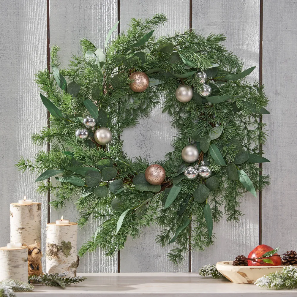 

26" PINENEEDLE WREATH WITH BALL Eucalyptus Wreath Flowers Gifts DIY Rattan Creative Artificial Garland Hanging Pendants Wedding