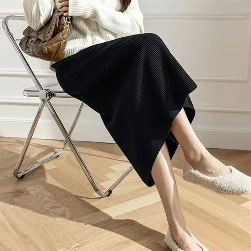 Women's High-Waisted Drawstring Straight Skirt Long Solid Color Loose Fit Fashion Streetwear for Fall Winter