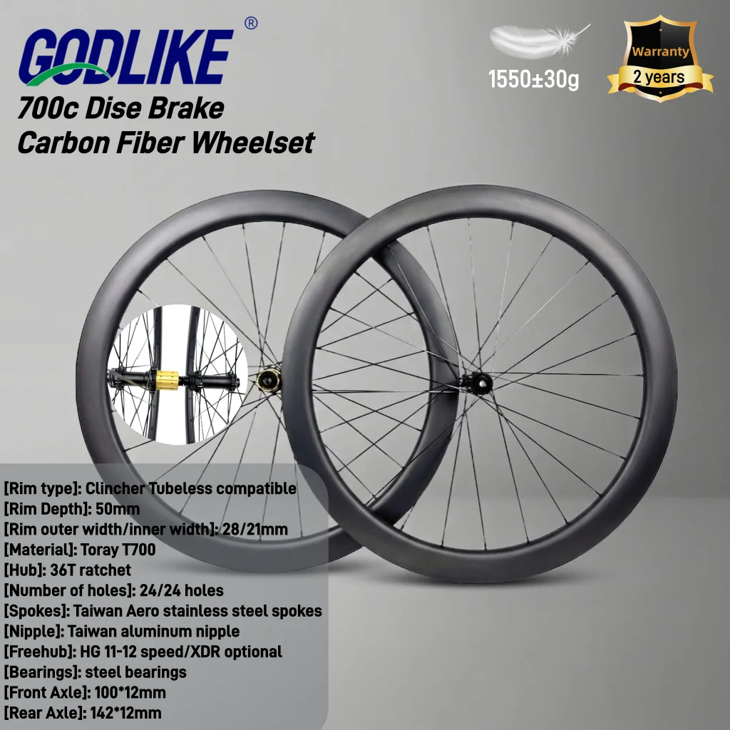 

GODLIKE Light 700C Road Disc Brake Carbon Wheelset 50mm Depth 21mm Inner Width 36T Ratchet Hubs Clincher Tubeless Compatible
