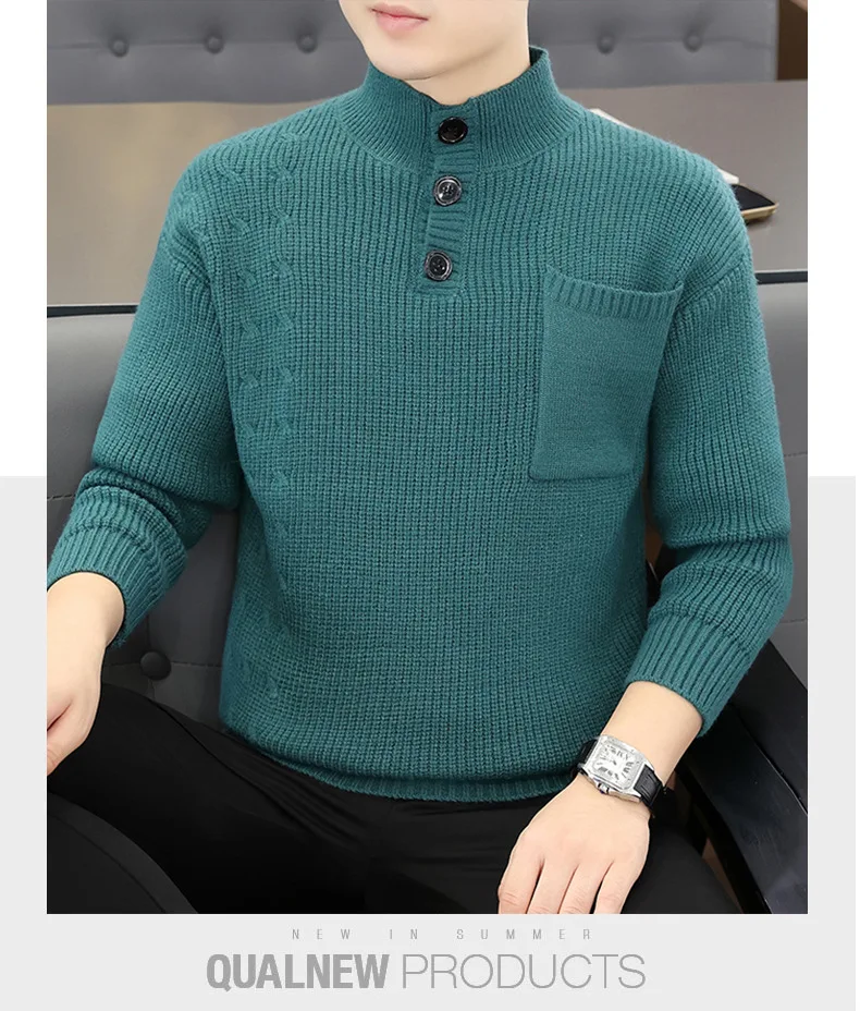 Versi Korea Sweater Rajut Pria Kerah Setengah Tinggi Lengan Panjang Warna Solid Kancing Depan Model Pullover Pakaian Atasan Pria