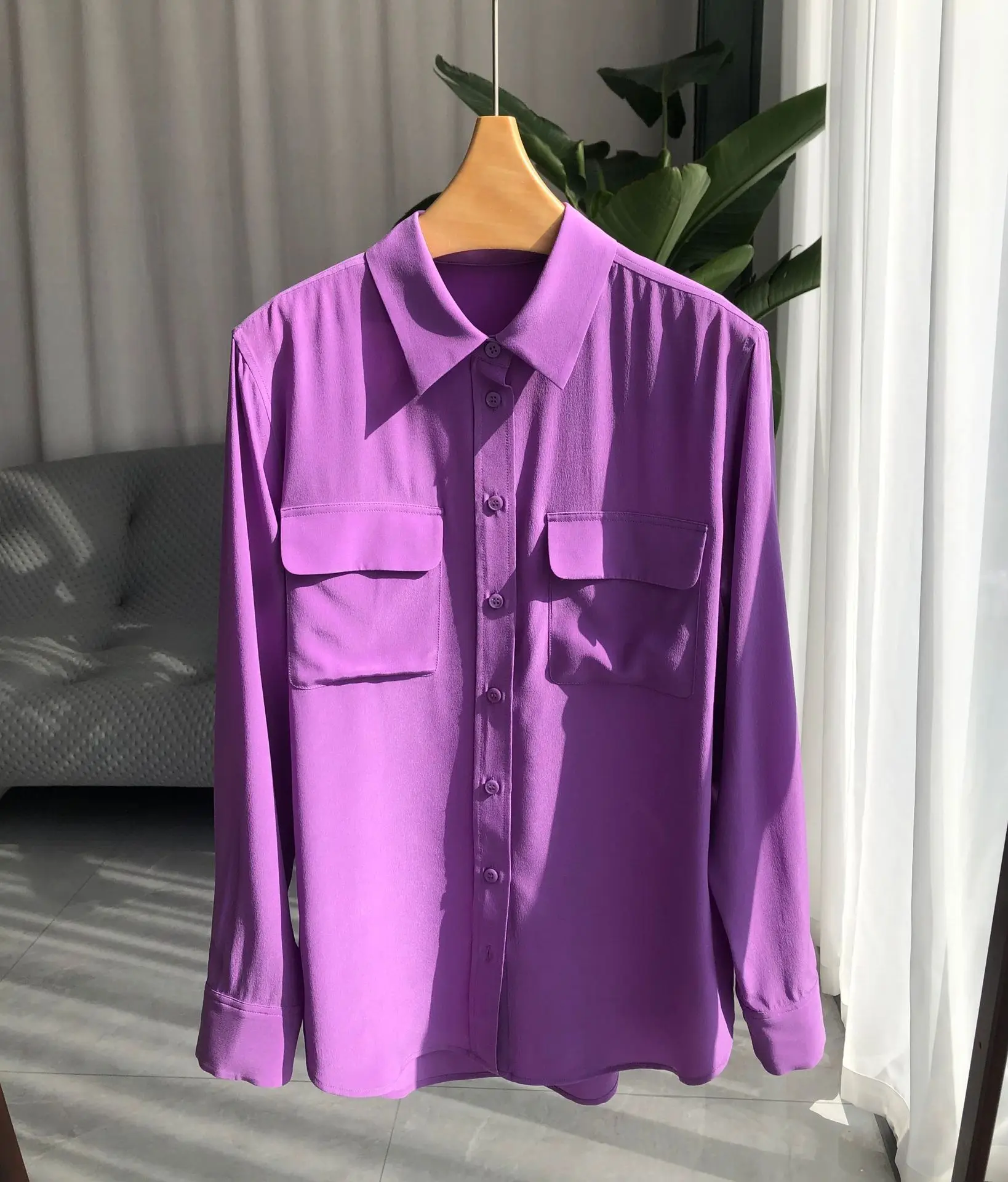 Sand Washed Silk Classic Long Sleeve Shirt Pocket Solid Office Ladies Elegant Shirt Blouse Women Fashion Button Up Shirts Tops