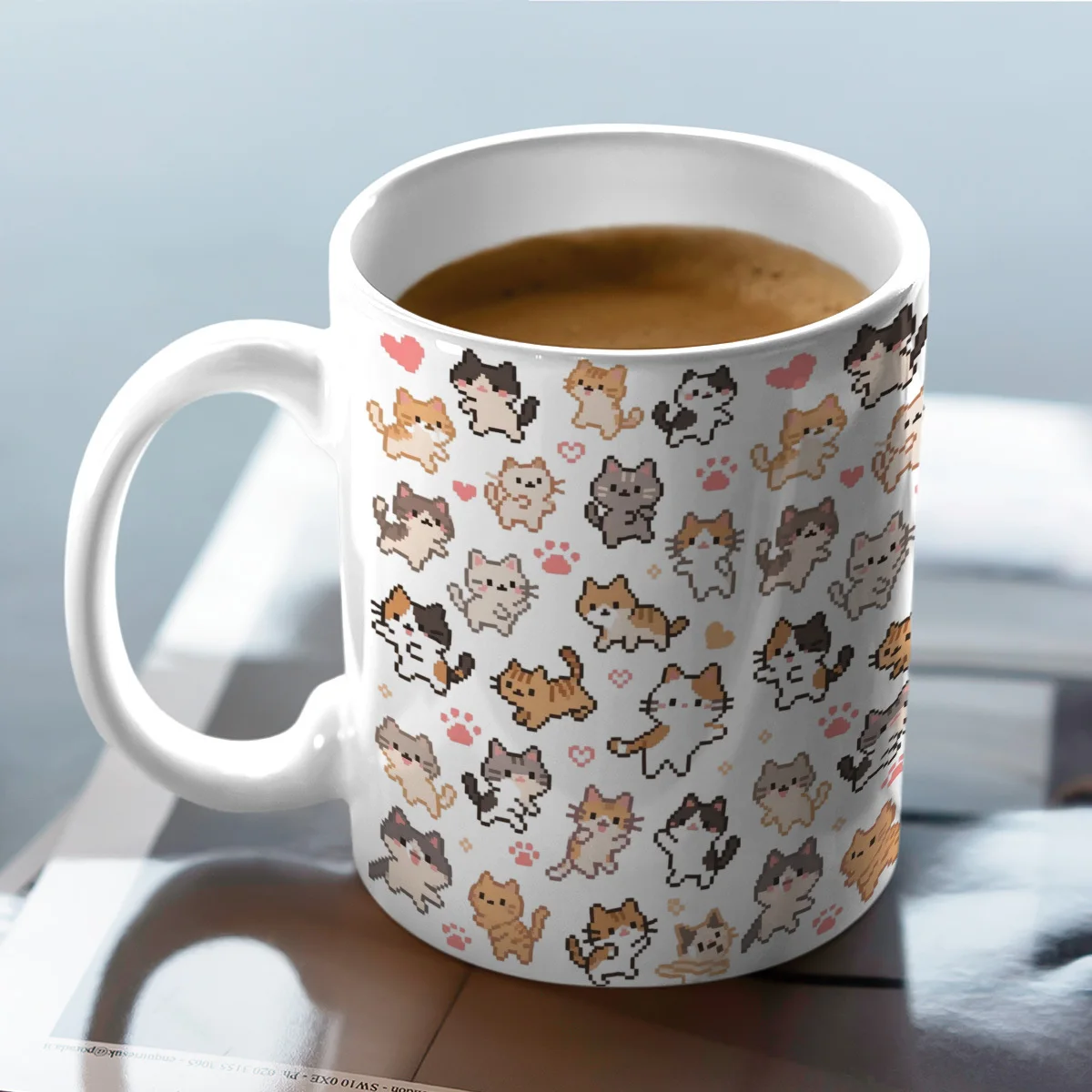 Japanese Anime Cat Mug 11 Tabby Tuxedo Cats Pink Paw Heart Glossy Ceramic Coffee Cup