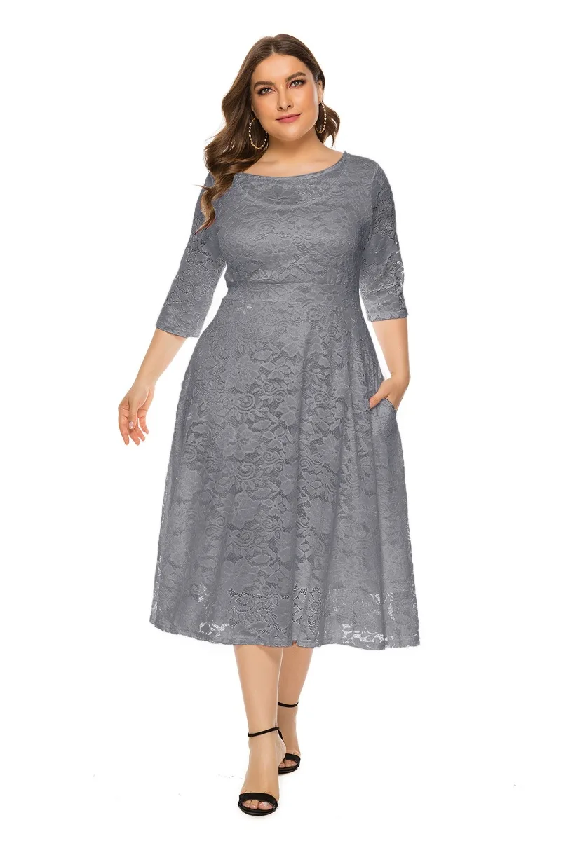 2023 O-neck Women Dress Plus Size Midi Dress XL-6XL Elegant Embroidery Lace 3/4 Sleeve Lady Evening Dress Female Clothing