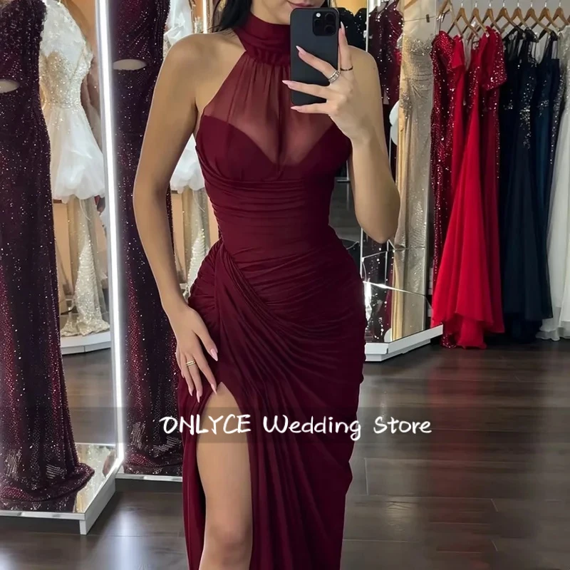 Burgundy Chiffon Evening Dress Halter Mermaid Sexy Side Slit Party Dress Maxi Prom Party Gowns Customized