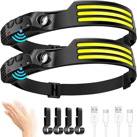 USB 충전식 COB LED 헤드램프 – 내장 배터리, 센서 기능, 야외 캠핑 및 낚시용