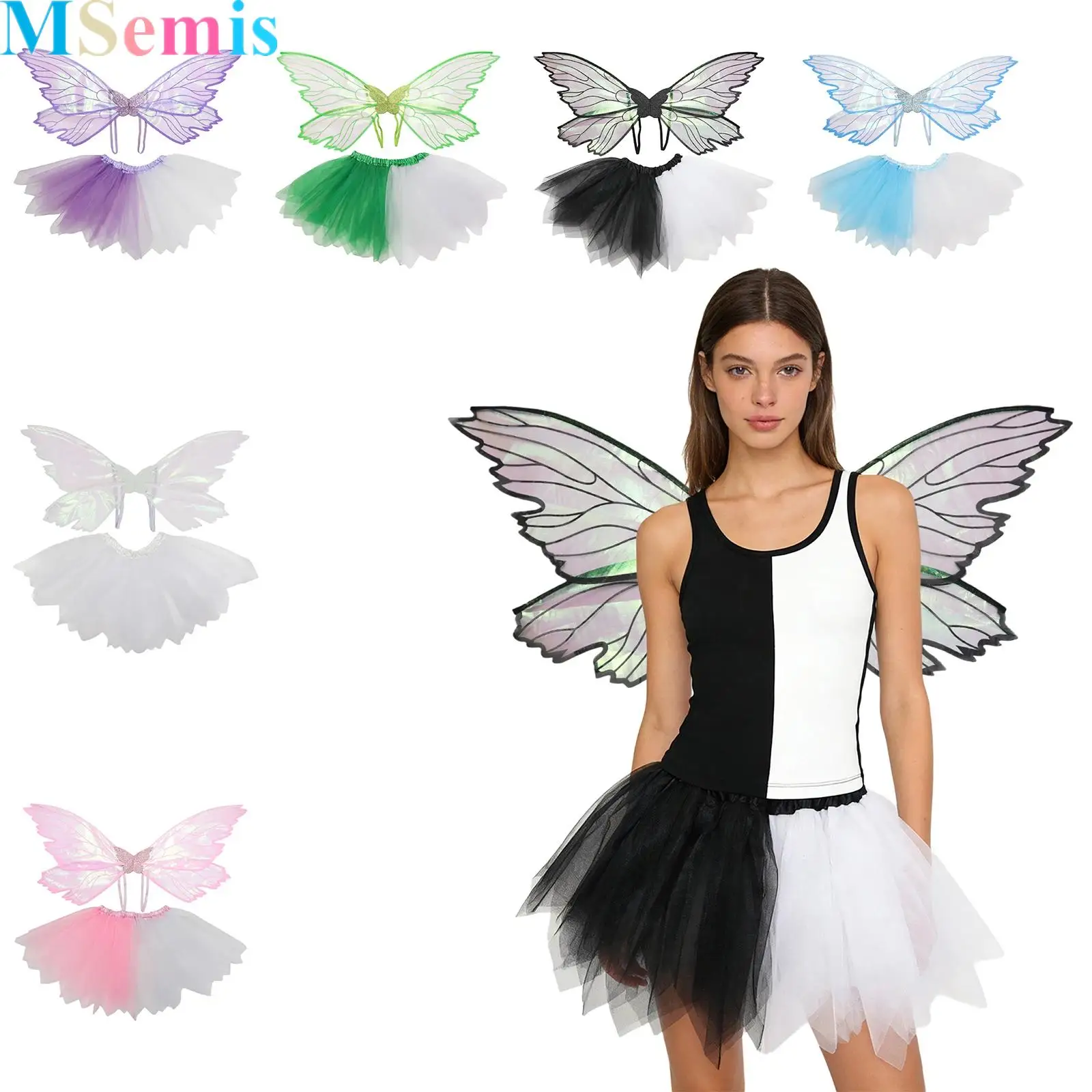

Women Two-piece Set Butterfly Fairy Wings with Elastic Waistband Color Block Tulle Skirt for Theme Party Stage Performance
