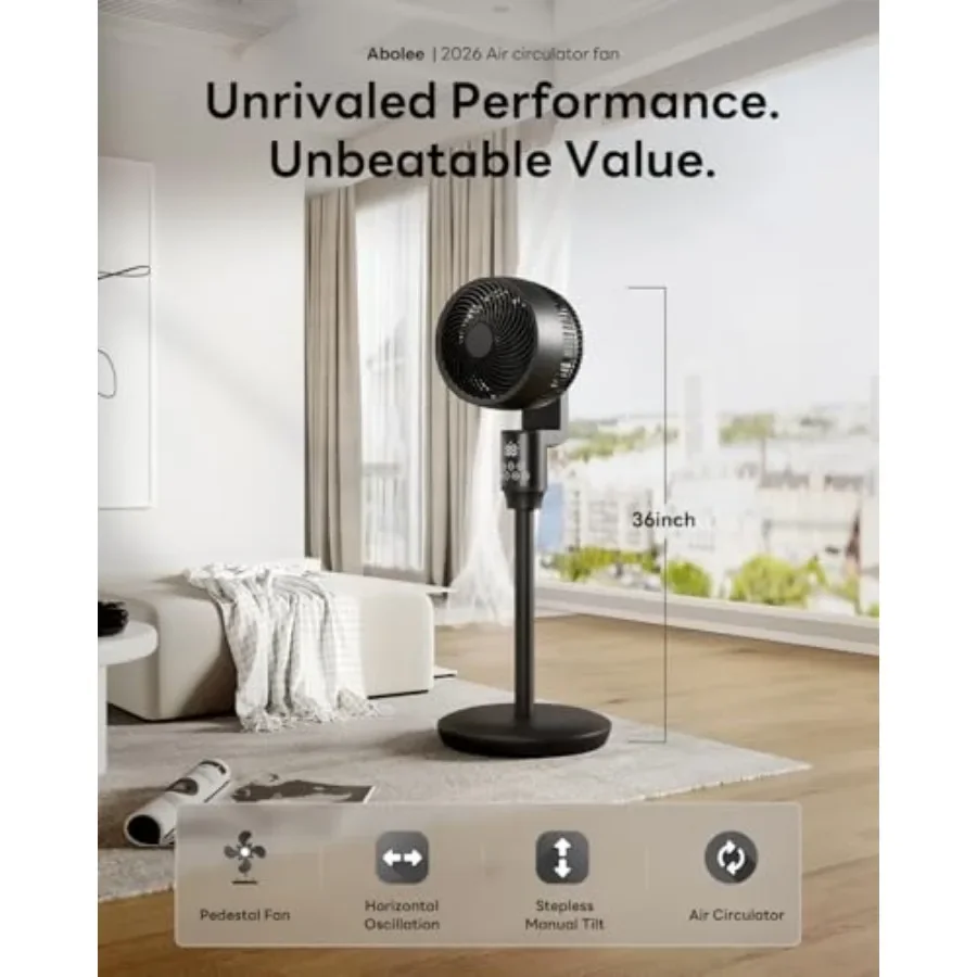 FirmHome StorePedestal Fan For Bedroom, 100ft Air Circulator Quiet Standing Fan, DC Motor, 4 Speeds And 4Modes, 24H Timer, 70°+9
