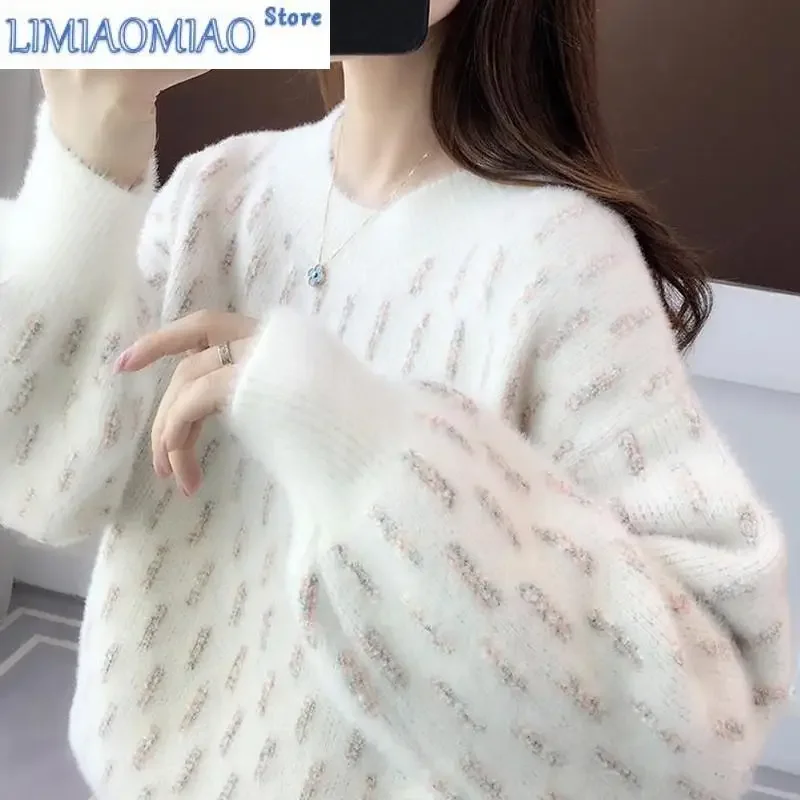 

New Autumn and Winter Fashion Lazy Style Imitation Ferret Round Neck Thickened Loose Versatile Western Women's Knitted Sweater