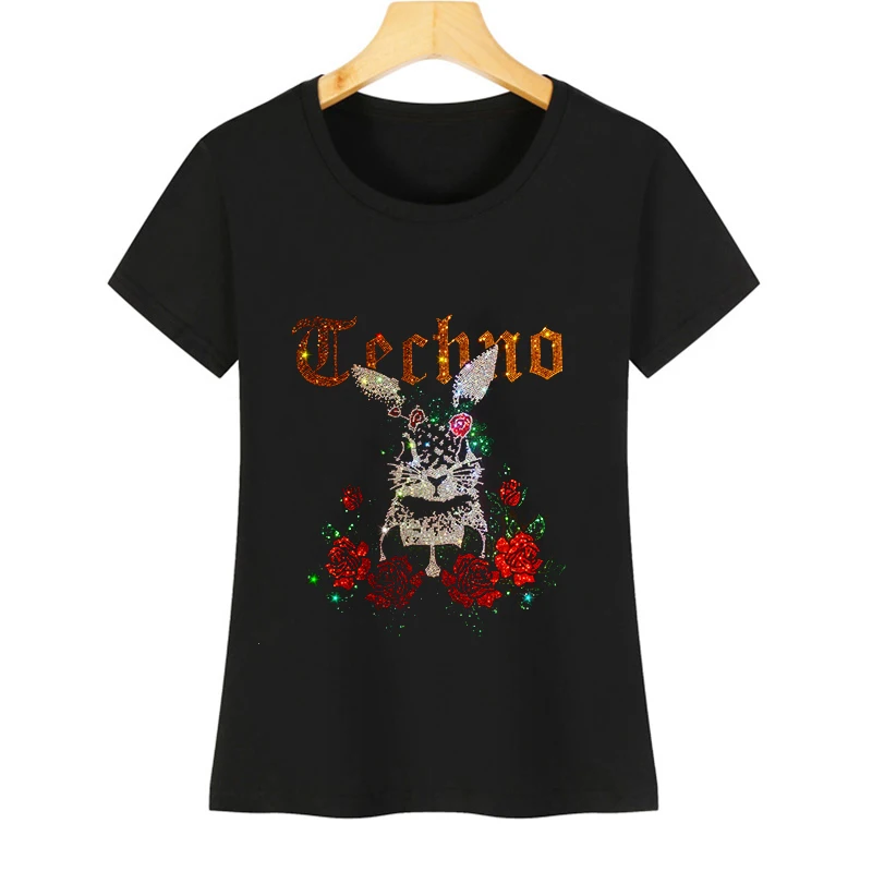 Internet celebrities with rhinestone T-shirt women's wear summer short-sleeved lovely woodchuck casual T-shirt cotton