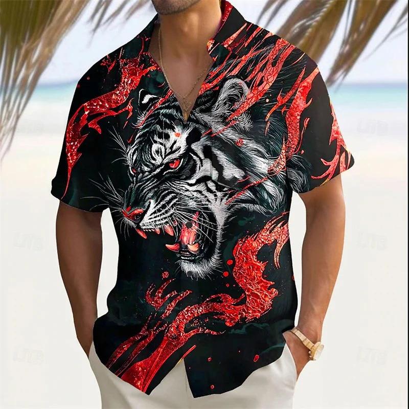 Men's short-sleeved shirt with tiger print in 9 colors. Street style, loose fit, vacation vibe, comfortable fabric. Sizes XS-6XL