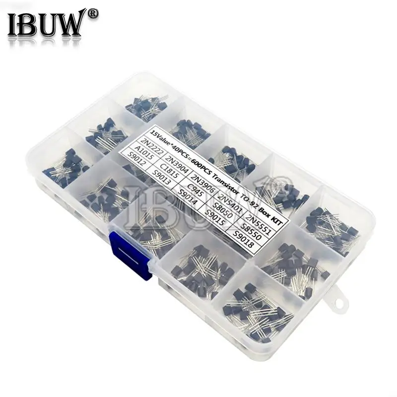 600PCS 15Value x 40Pcs Transistor TO-92 Assortment Box Kit Transistors 2N2222 2N3904 2N3906 C945 S8050 S8550 S9014 S9013 9018