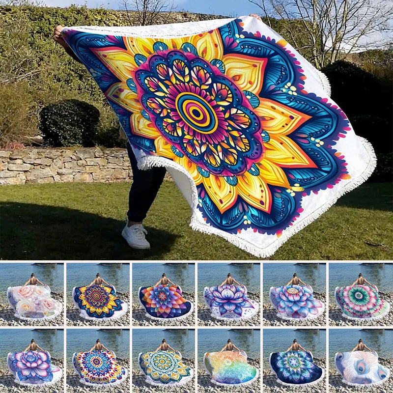 100/150/180cm Boho Mandala Round Beach Towel With Tassels Microfiber Circular Beach Blanket Floral Lotus Print Portable Beach Ma