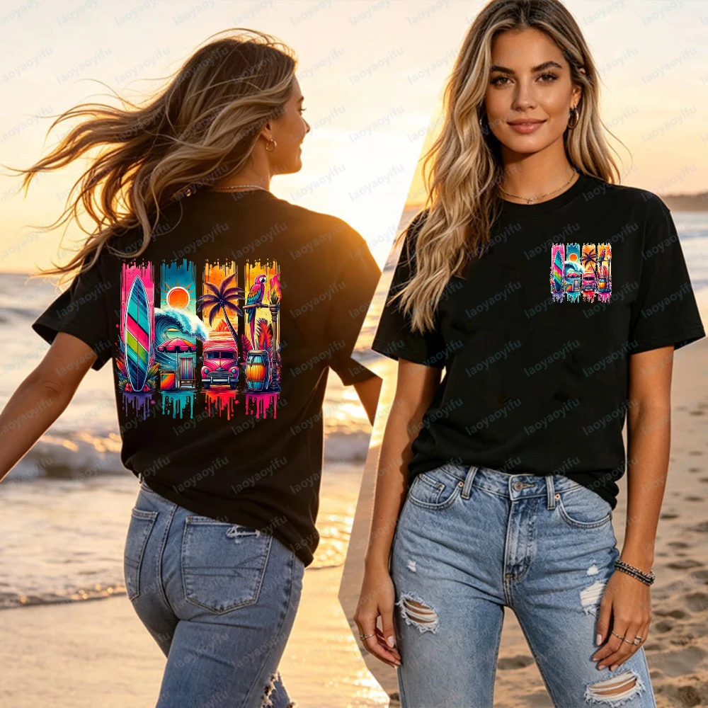 Tropical Neon Summer T-Shirt Women Surfboard Palm Tree Parrot Retro Van Graphic Tees Casual Cotton Tops Beach Vacation Shirts