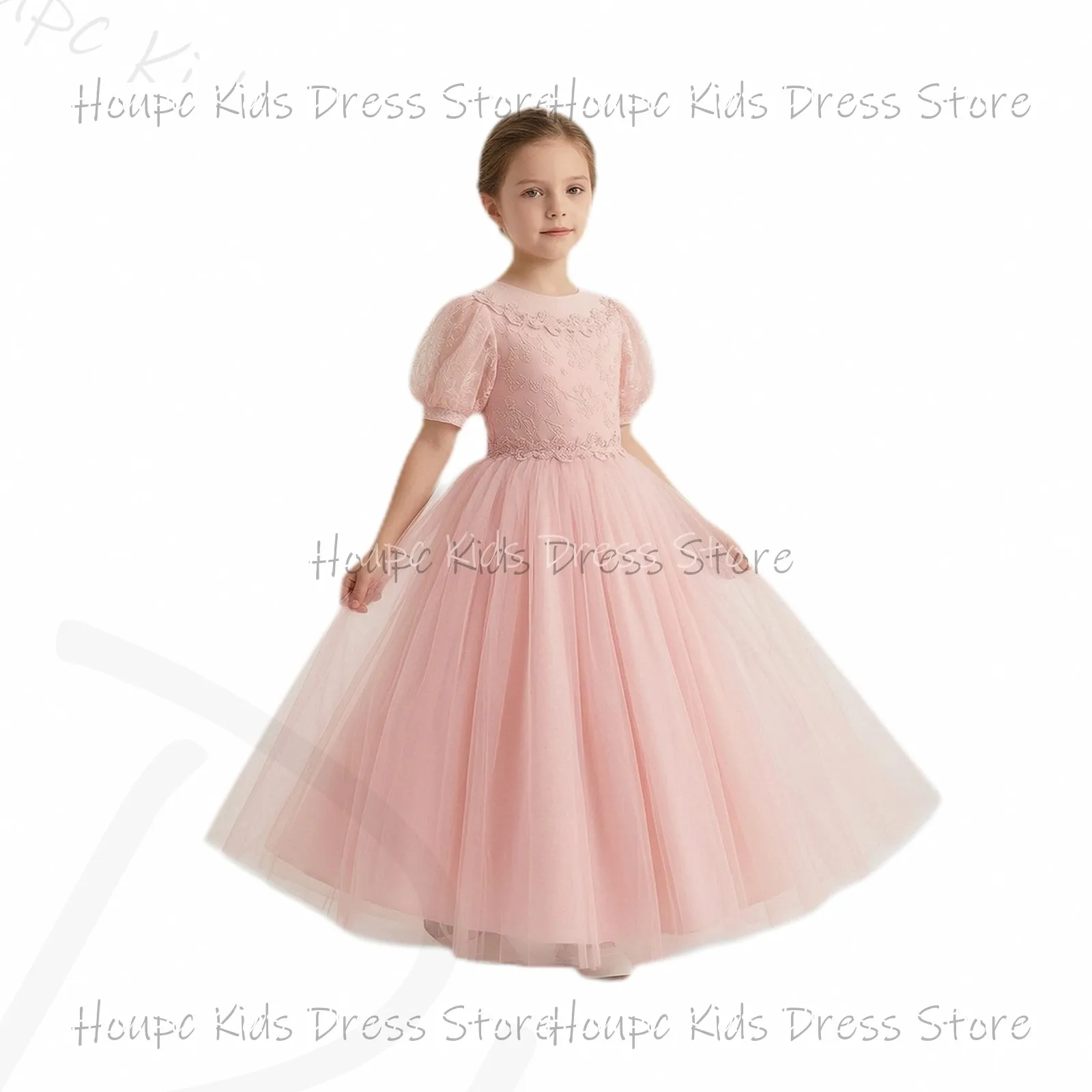 Custom Flower Girl Dresses Elegant Lace Bodice Tulle Skirt Floor-Length Wedding Birthday Party Evening Party Prom Dresses
