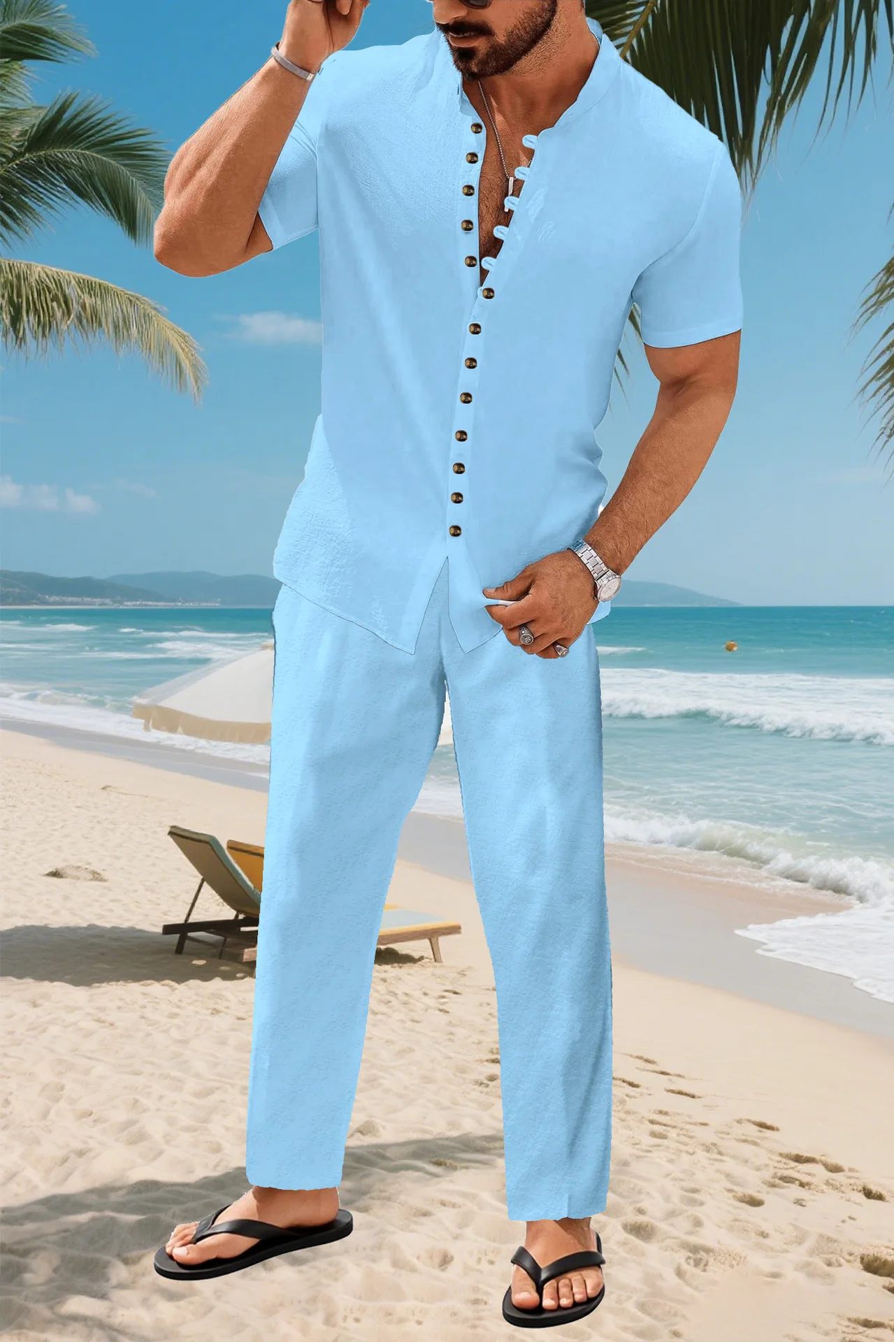 

2025 New Style European Men's Summer New Casual Beach 13-Button Solid Color Shirt, Jacket and Pants Set