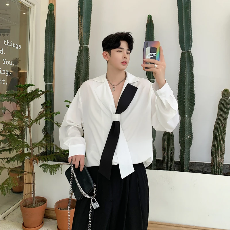 

Sli Long Sve Men's irt Korean Version Loose Fit Suit Collar Attractive Design Casual Wear for Teens Autumn Season