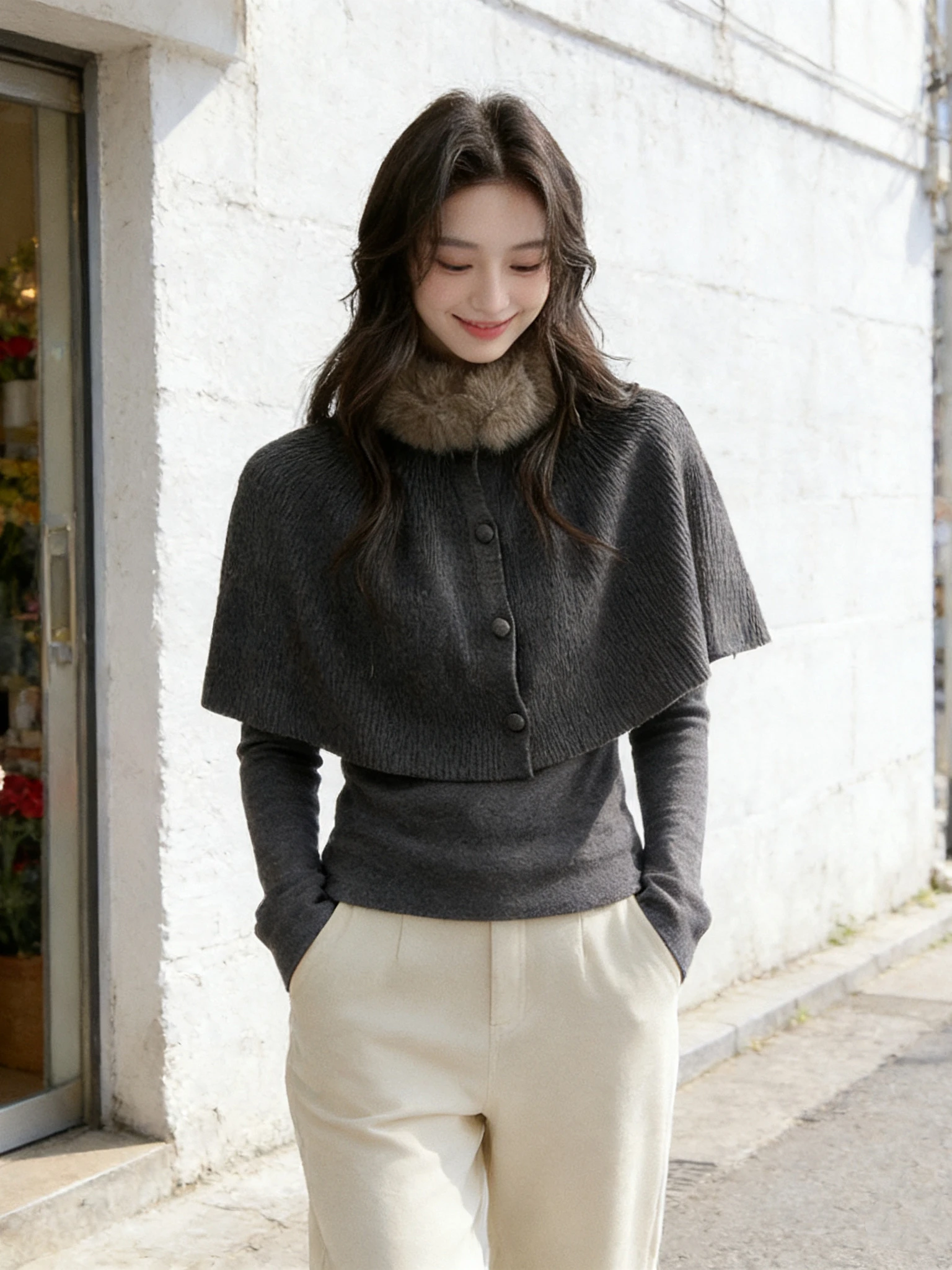 

Korean Design High Ne Long Sve Knitted Sweater with Fur Collar Women's Slimming Warm Two-Piece Set oulder Wrap